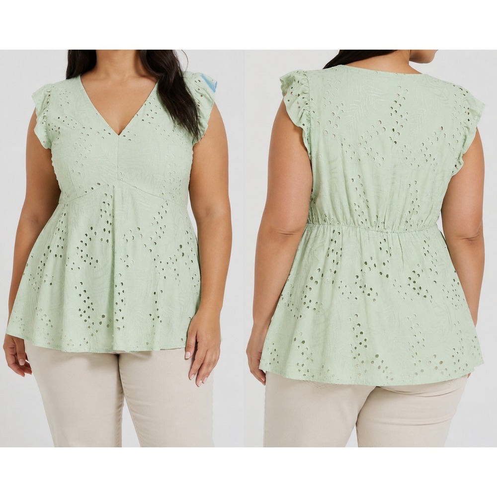 TORRID shirt top Size 3x Mint Green‎ Eyelet  Ruffle Sleeve Peplum  V-Neck Blouse
